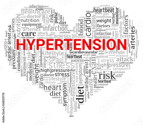 Hypertension heart shaped word cloud isolated on a white background