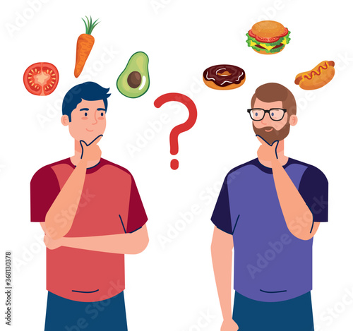 men choosing between healthy and unhealthy food, fast food vs balanced menu vector illustration design