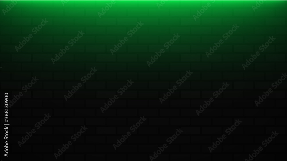 Empty brick wall with green neon light with copy space. Lighting effect green color glow on brick wall background. Royalty high-quality free stock photo image of blank, empty background for texture