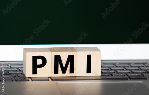 PMI - acronym from wooden blocks with letters, abbreviation PMI Private Mortgage Insurance, Purchasing Managers Index concept, random letters around, white background photo