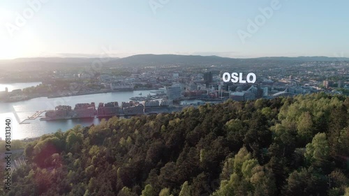 Aerial view of downtown Oslo harbor and promenade with sticky 3D text photo