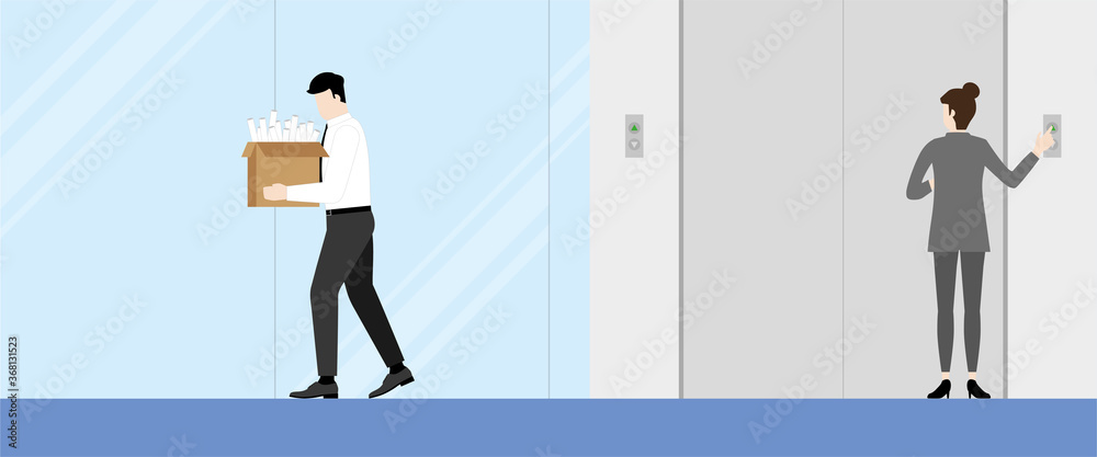 Obraz premium Layoff concept. Unemployed office man leaving the workplace lift.