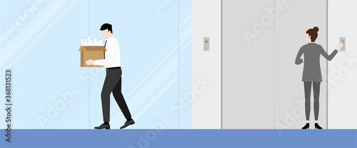 Layoff concept. Unemployed office man leaving the workplace lift.