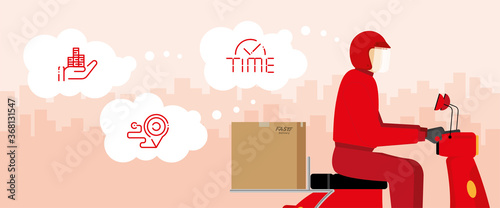 Thinking and dreaming concept. Deliveryman riding motorcycle delivers the box for his job. 