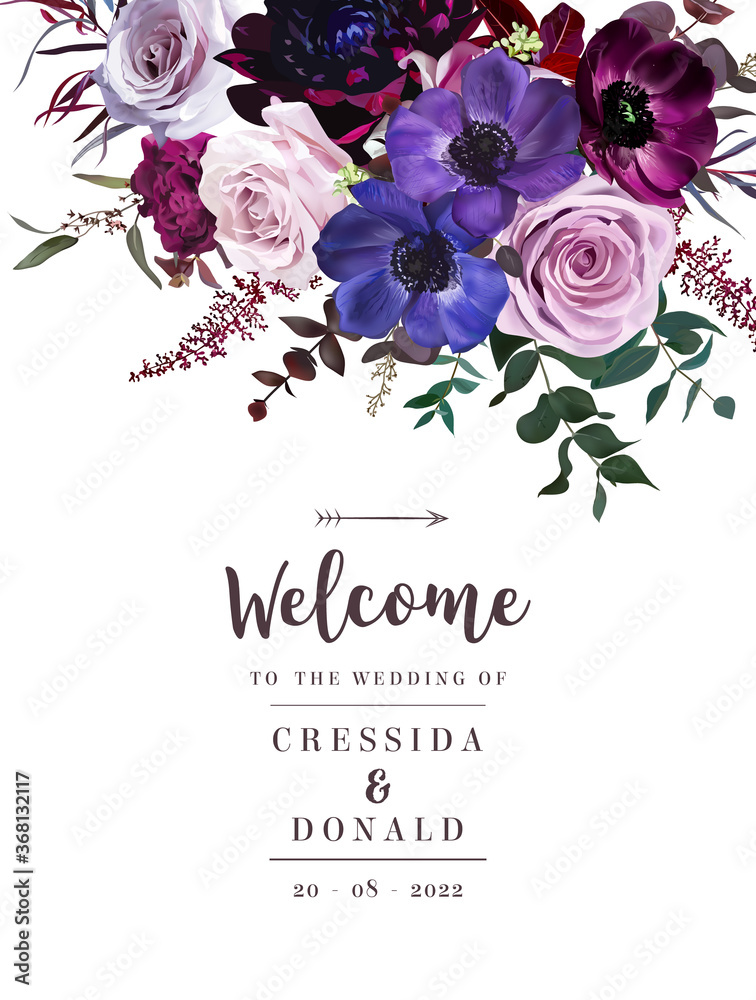 Marvelous violet, purple and burgundy anemone, dusty mauve and lilac rose