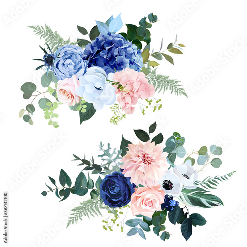 Classic navy blue, blush pink rose, hydrangea, ranunculus, dahlia, white anemone