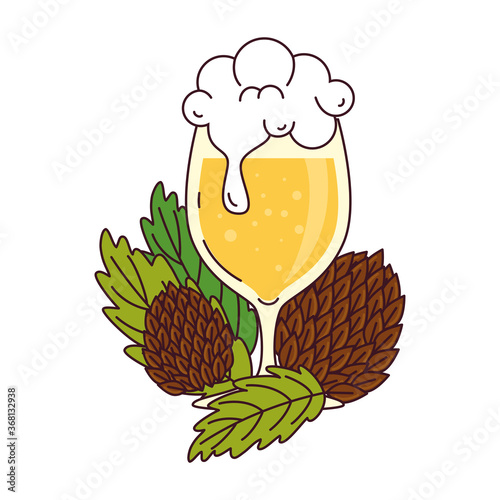 cup glass of beer with hop seed on white background vector illustration design