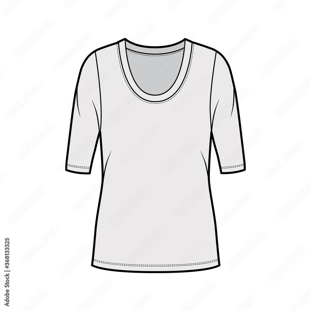 Scoop neck jersey shirt technical fashion illustration with elbow sleeves, oversized body, tunic length. Flat sweater apparel template front, grey color. Women, men unisex outfit top mockup Scoop neck jersey shirt technical fashion illustration with elbow sleeves, oversized body, tunic length. Flat sweater apparel template front, grey color. Women, men unisex outfit top mockup