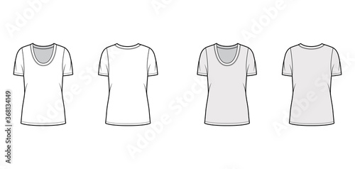 Scoop neck jersey t-shirt technical fashion illustration with short sleeves, oversized body, tunic length. Flat apparel template front back, white, grey color. Women, men, unisex outfit top CAD mockup
