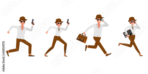 Spy secret agent character vector design. Presentation in various action.