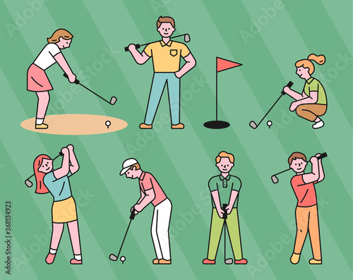 Golf players in various moves. flat design style minimal vector illustration.