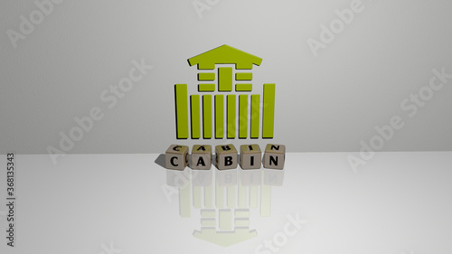 3D illustration of cabin graphics and text made by metallic dice letters for the related meanings of the concept and presentations. airplane and background photo