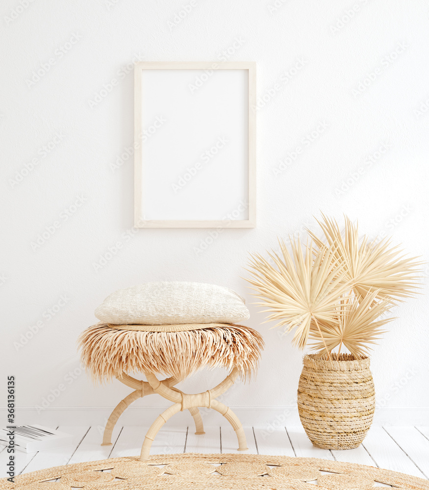 Mock up frame in home interior background, white room with natural wooden furniture, 3d render	 - obrazy, fototapety, plakaty 