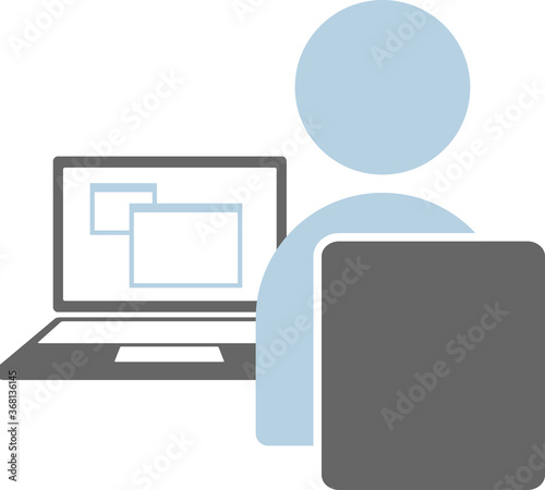 机上でノートPCを使い仕事をするデスクワークのアイコン風イラスト