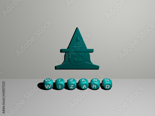 3D graphical image of wizard vertically along with text built by metallic cubic letters from the top perspective, excellent for the concept presentation and slideshows. illustration and magic photo