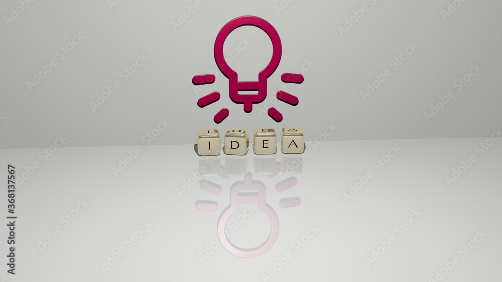 Obraz premium 3D representation of idea with icon on the wall and text arranged by metallic cubic letters on a mirror floor for concept meaning and slideshow presentation. illustration and background