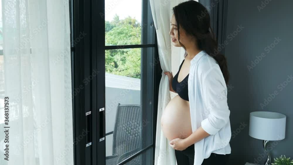 happy pregnant woman at home looking outside the window happy pregnant woman at home looking outside the window