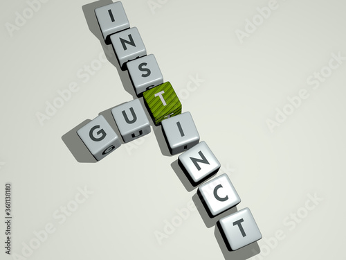 crosswords of gut instinct arranged by cubic letters on a mirror floor, concept meaning and presentation. illustration and bacteria