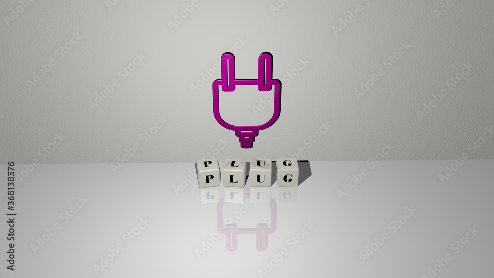 3D representation of plug with icon on the wall and text arranged by