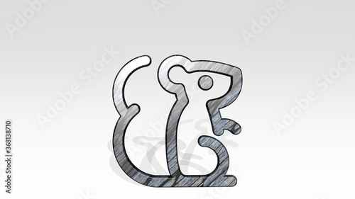squirrel made by 3D illustration of a shiny metallic sculpture casting shadow on light background. animal and cute