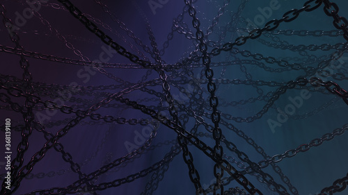 Abstract dark blue background with metal chain. Horror design concept with tangled chains. 3D rendering image.
