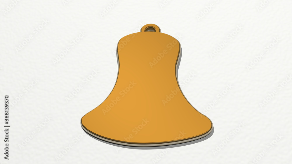 bell made by 3D illustration of a shiny metallic sculpture on a wall ...