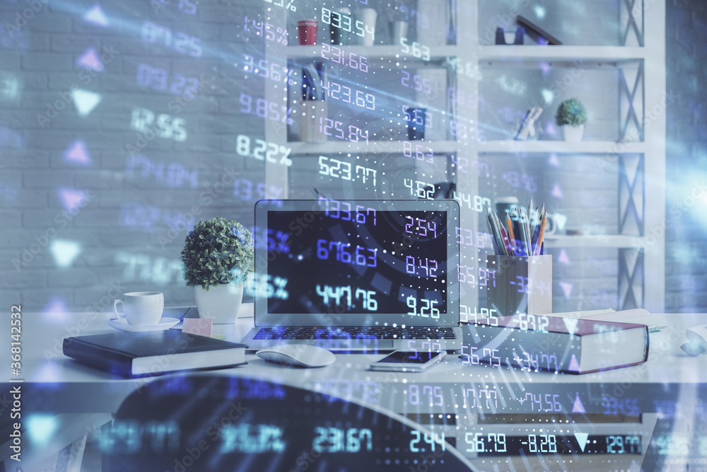 Double exposure of financial graph drawing and office interior background. Concept of stock market.