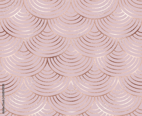 Art deco seamless pattern with rose gold fan tiles.
