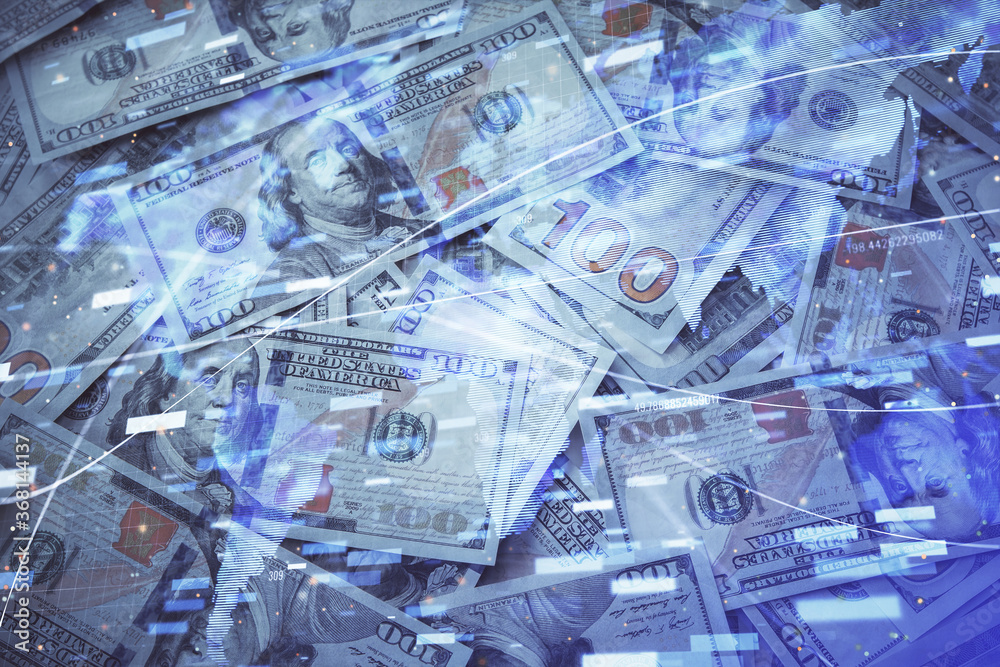 Double exposure of data theme drawing over us dollars bill background. Technology concept. Double exposure of data theme drawing over us dollars bill background. Technology concept.