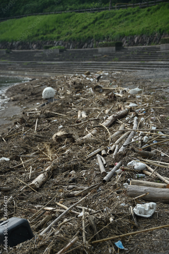 Obraz premium 海辺に打ち上げられた漂流物やゴミ