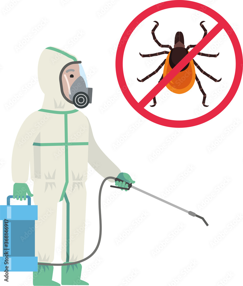 Disinfector in a protective suit, mask with disinfection equipment, disinfectant sprays. Disinfection, treatment against insects, ticks, parasites. Flat infographics. Vector illustration