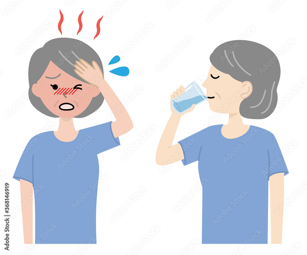 Elderly woman rehydrating, heat stroke Elderly woman rehydrating, heat stroke