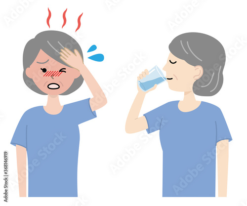 Elderly woman rehydrating, heat stroke