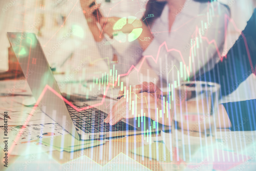 Multi exposure of woman hands typing on computer and forex chart hologram drawing. Stock market analysis concept. Multi exposure of woman hands typing on computer and forex chart hologram drawing. Stock market analysis concept.