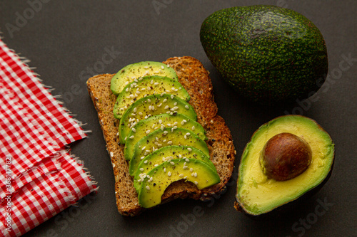 Avocado sandwich on dark rye bread made with fresh sliced avocados and sesame seeds. Yummy and healthy breakfast