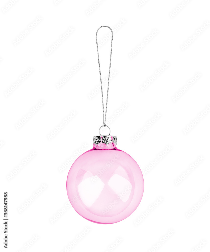 Pink transparent glass ball hanging on thread white background isolated close up, red Сhristmas tree decoration, shiny round bauble, traditional new year holiday decor design element, xmas toy Pink transparent glass ball hanging on thread white background isolated close up, red Сhristmas tree decoration, shiny round bauble, traditional new year holiday decor design element, xmas toy