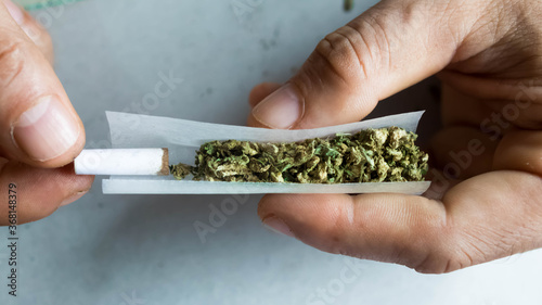 Hands of man with marijuana tobacco in rolling paper, placing filter.