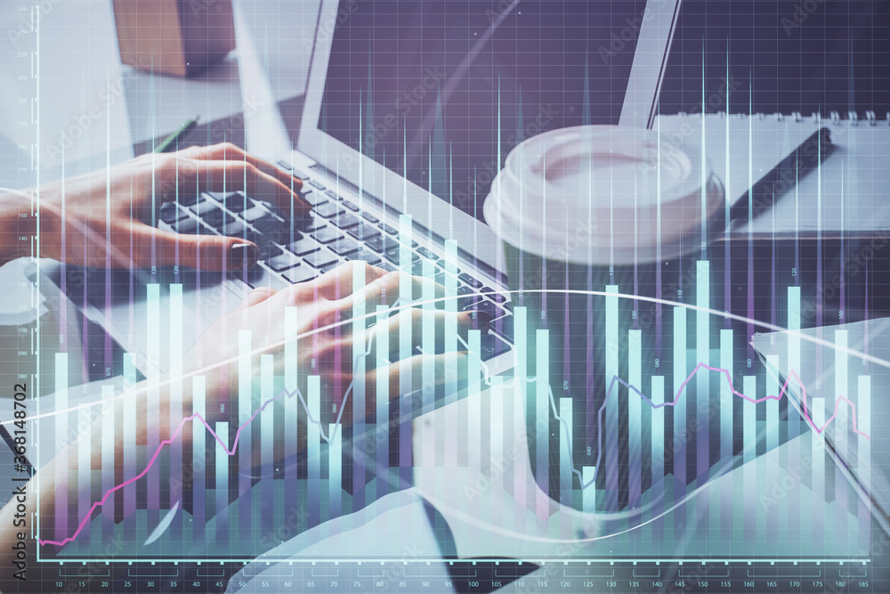 Double exposure of woman hands typing on computer and forex chart hologram drawing. Stock market invest concept. Double exposure of woman hands typing on computer and forex chart hologram drawing. Stock market invest concept.