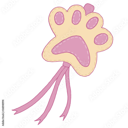 cute keychain, pink cat paw pendant for girl, kids toy, vector element with decorative stitching