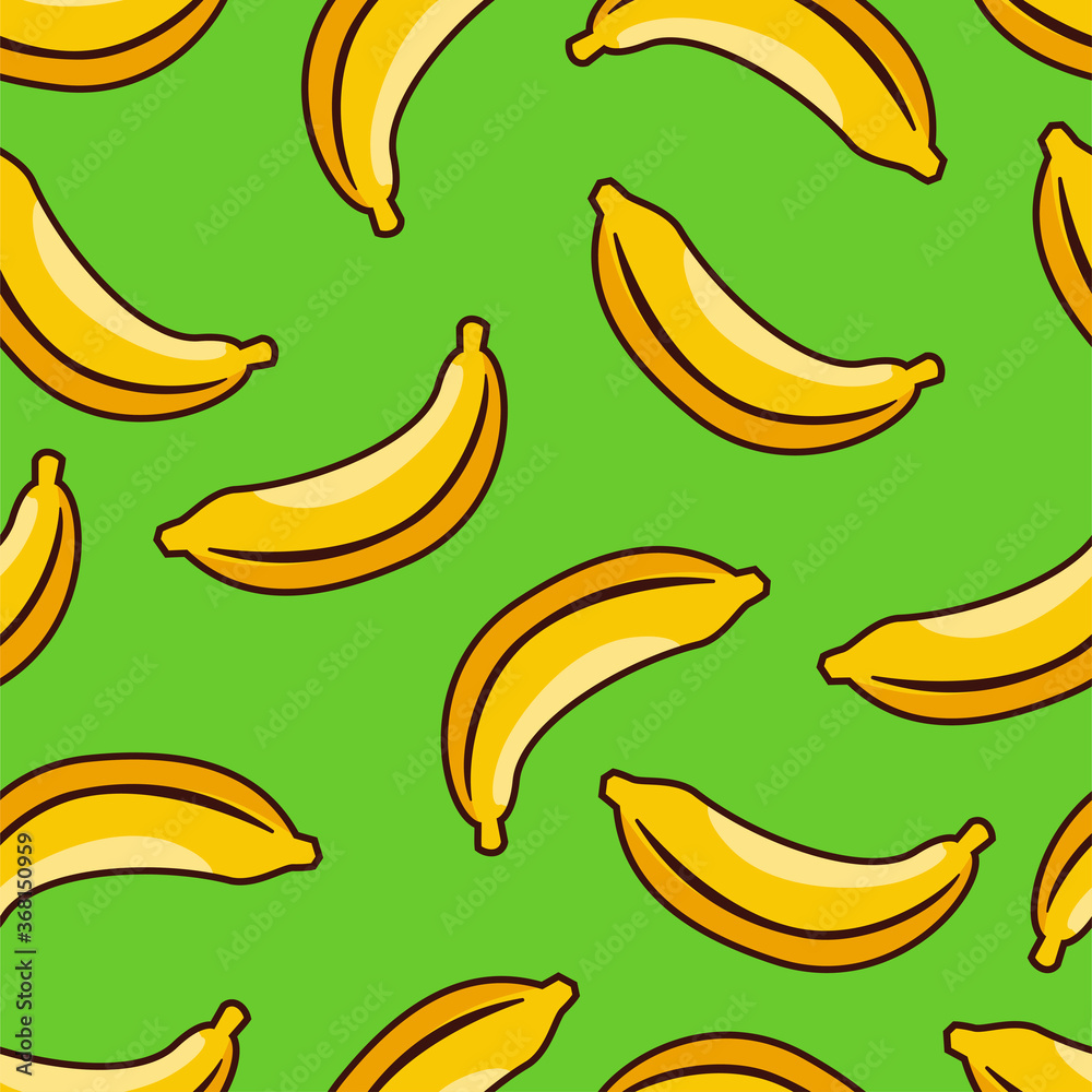 Yellow banana seamless pattern with green background 
