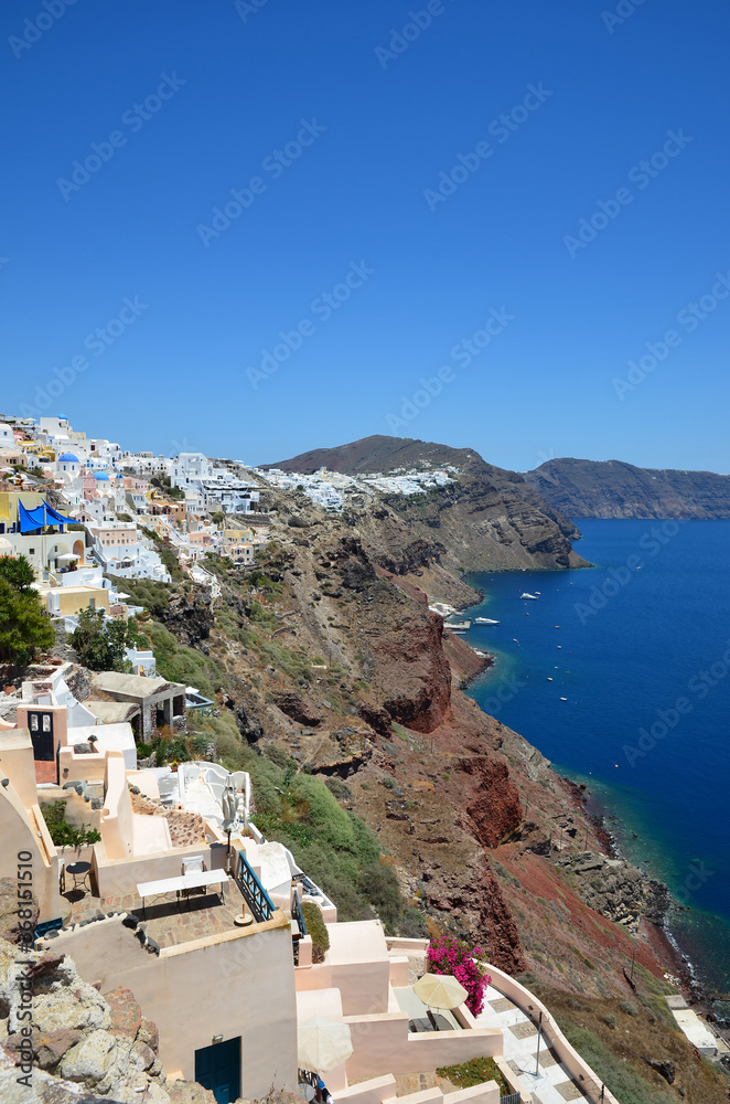 Fira (Thera) town on the coast of Santorini island in Greece. Picturesque greek landscape