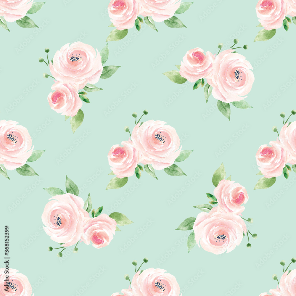 Seamless floral fabric texture, repeat pattern with watercolor flowers pink roses, background hand drawing. Perfectly for wrapping paper, wallpaper and other. 