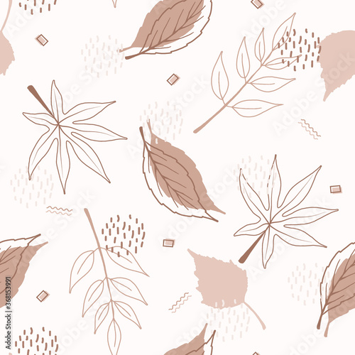 Seamless pattern of abstract autumn elements, geometric shapes, plants and leaves in one line style. For mobile app page, web, wrapping paper, textile template. Vector minimalistic illustration.