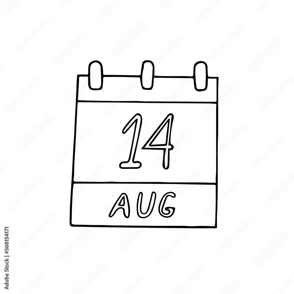 calendar hand drawn in doodle style. August 14. Day, date. icon, sticker, element, design. planning, business holiday