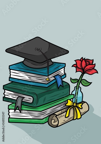 mortar board with books