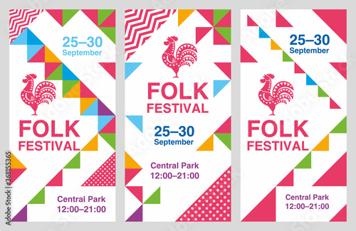 Layouts Folk Festival. Posters. Geometric bright festive design. Vector graphics