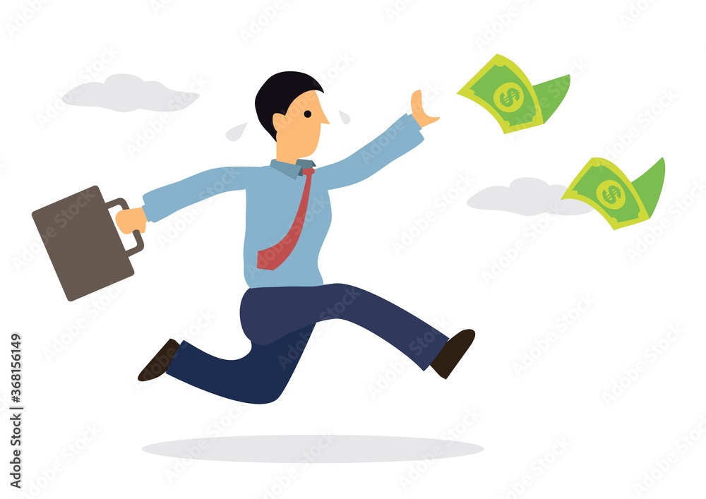 Businessman chasing money flying in the air. Cartoon character. Businessman chasing money flying in the air. Cartoon character.