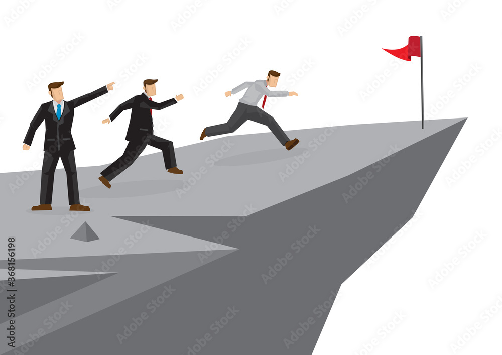 Businessman leads his team by showing direction to his team members of their future/goal. Creative cartoon vector illustration.. Businessman leads his team by showing direction to his team members of their future/goal. Creative cartoon vector illustration..