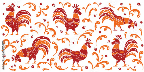 Seamless pattern. Decorative roosters surrounded by ornaments. Traditional folk paintings. Vector graphics