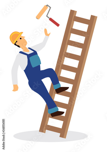 Worker falling from ladder. Workplace accident or construction safety concept.
